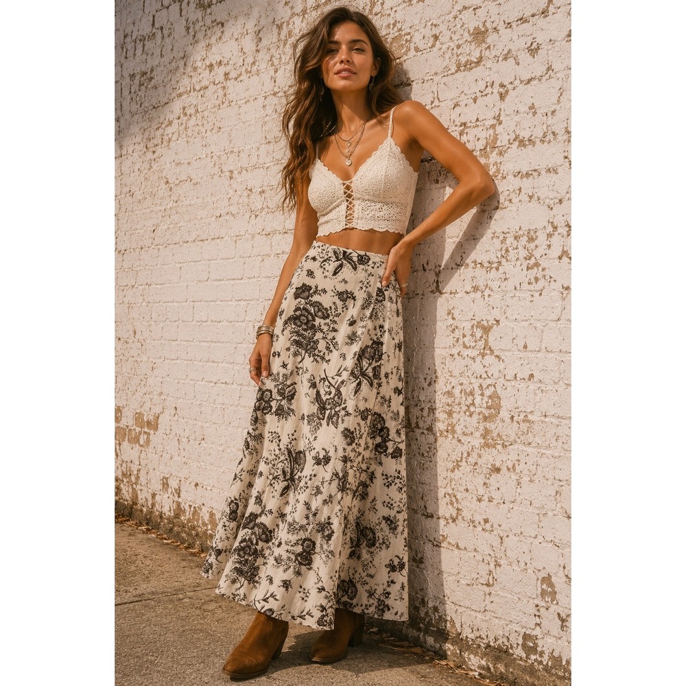 Vintage Express Cream Brown Rayon Maxi Skirt Floral Toile Toile 5/6 Small Medium